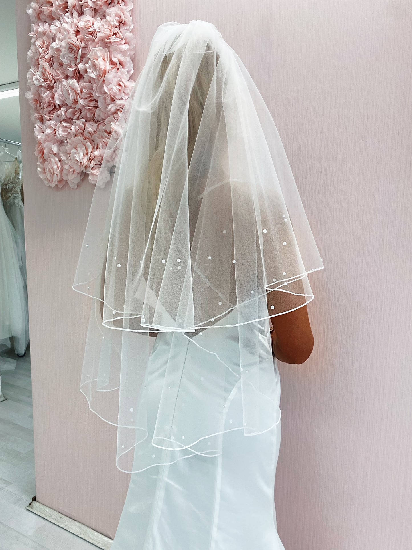 Pencil Edge Veil with Pearls, Hip Lenght Two Tier Wedding Veil with Corded Edge