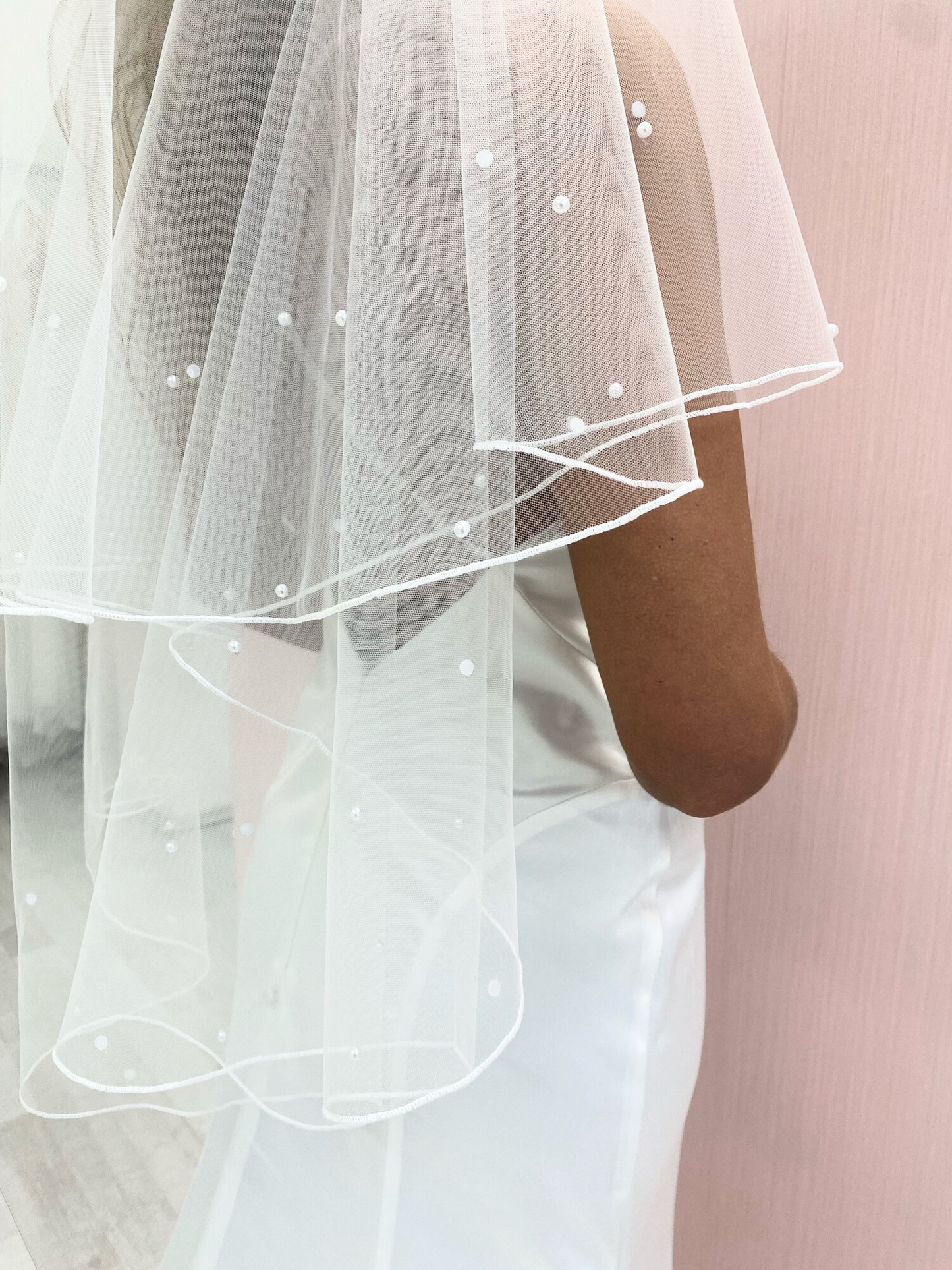 Pencil Edge Veil with Pearls, Hip Lenght Two Tier Wedding Veil with Corded Edge