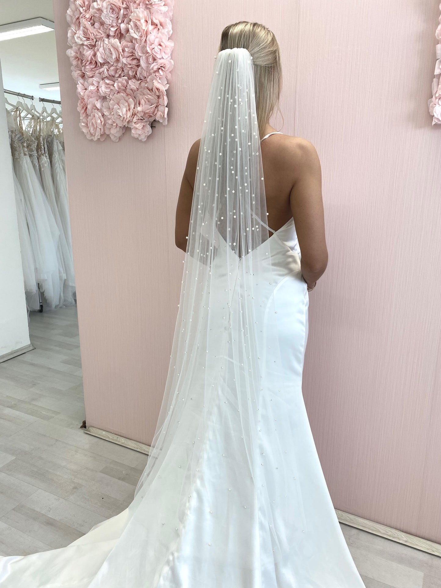 Voile de mariée perle, voile de mariage à un niveau de longueur de valse avec des perles
