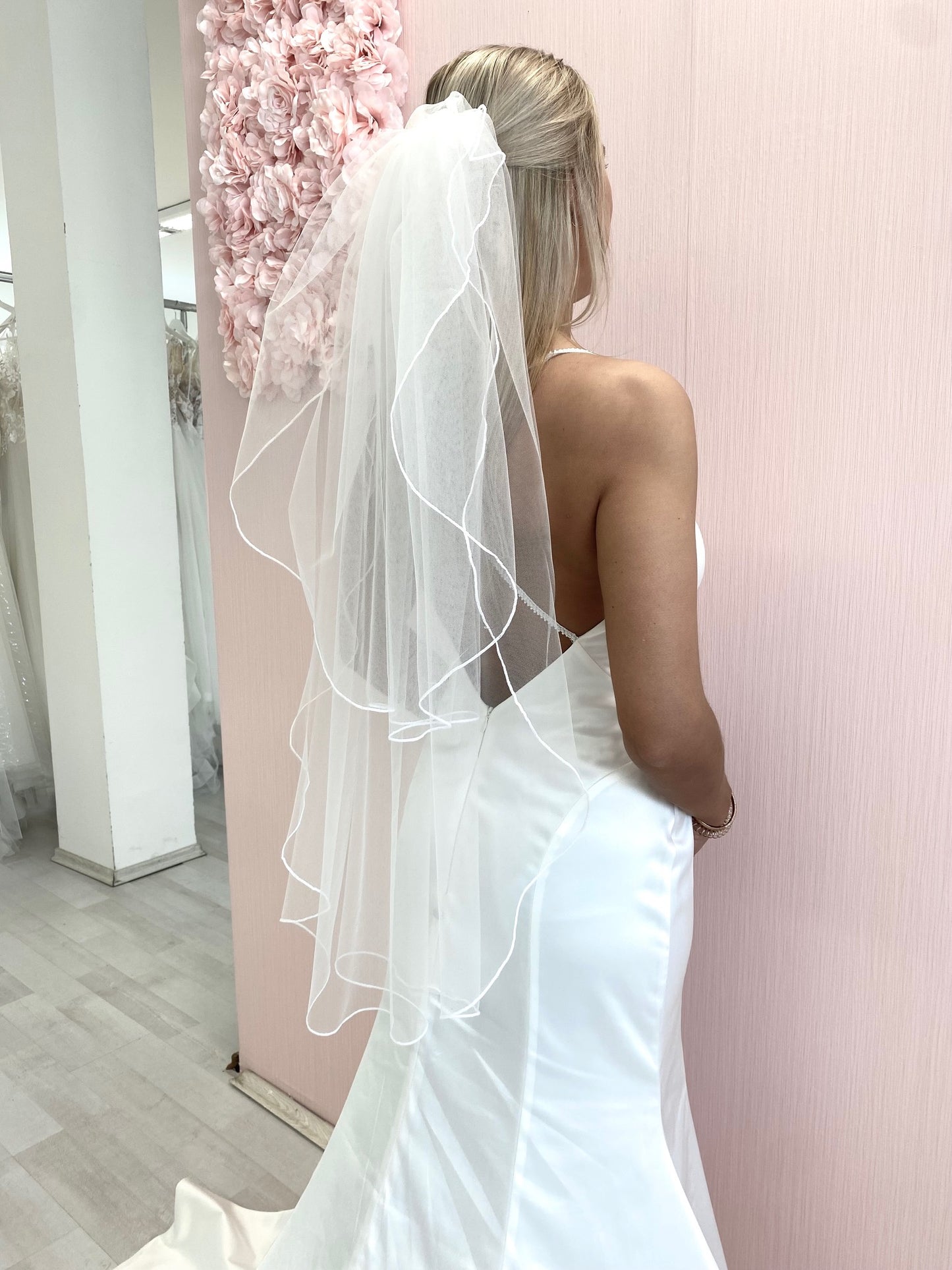 Pencil Edge Bridal Veil, Mid Hip Lenght Double Layer Wedding Veil with Corded Edge