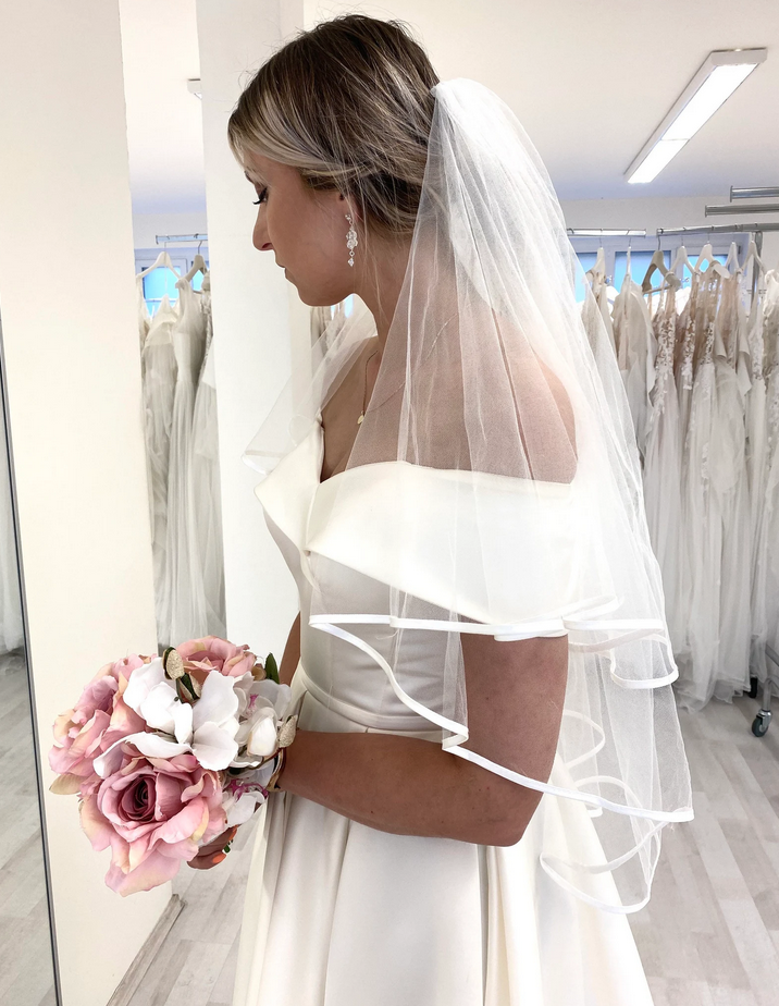 Satin Wedding Veil, Mid Hip Lenght Two Tier Wedding Veil with Satin Edge